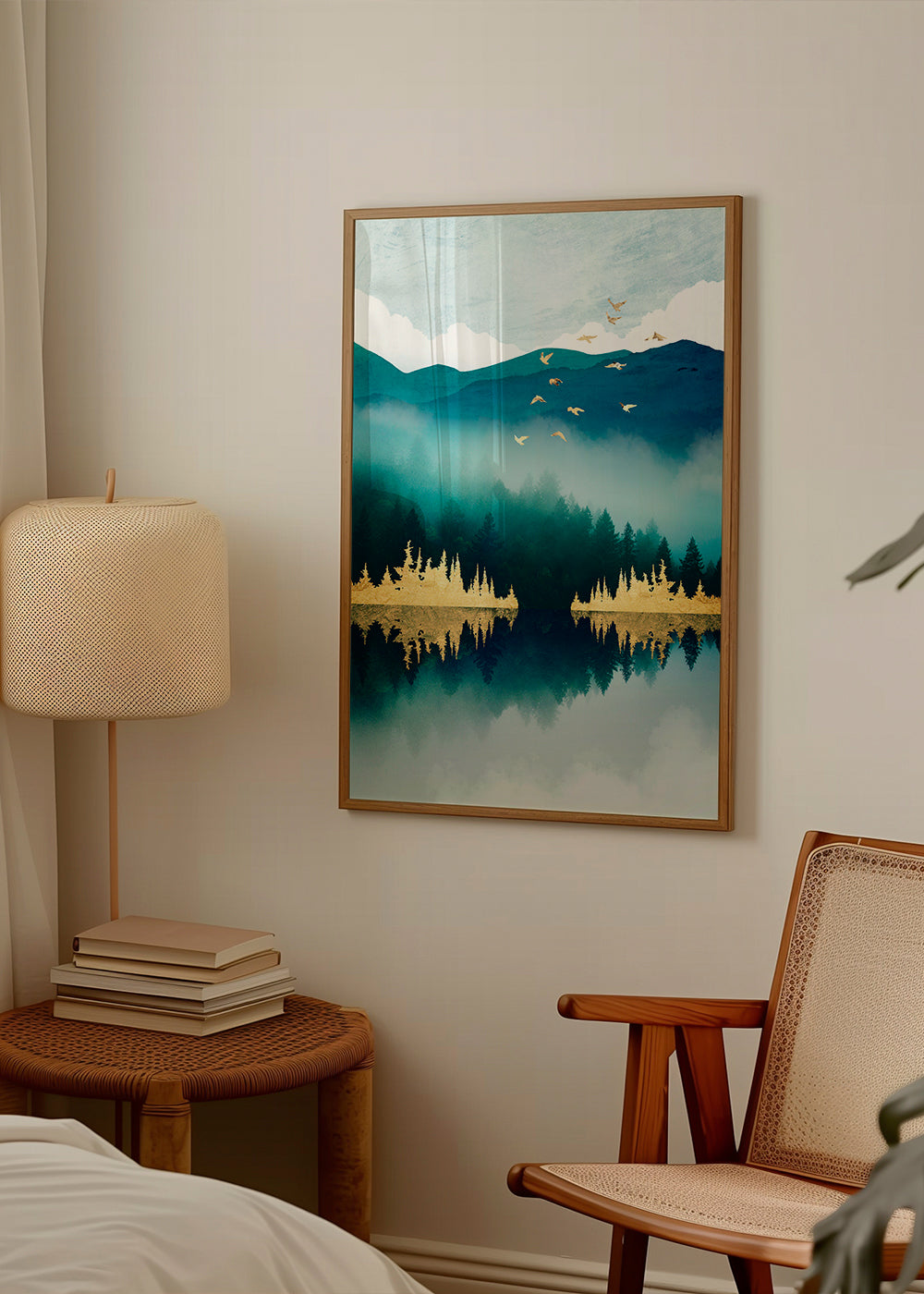 Landschapsschilderij met reflectie en gouden accenten