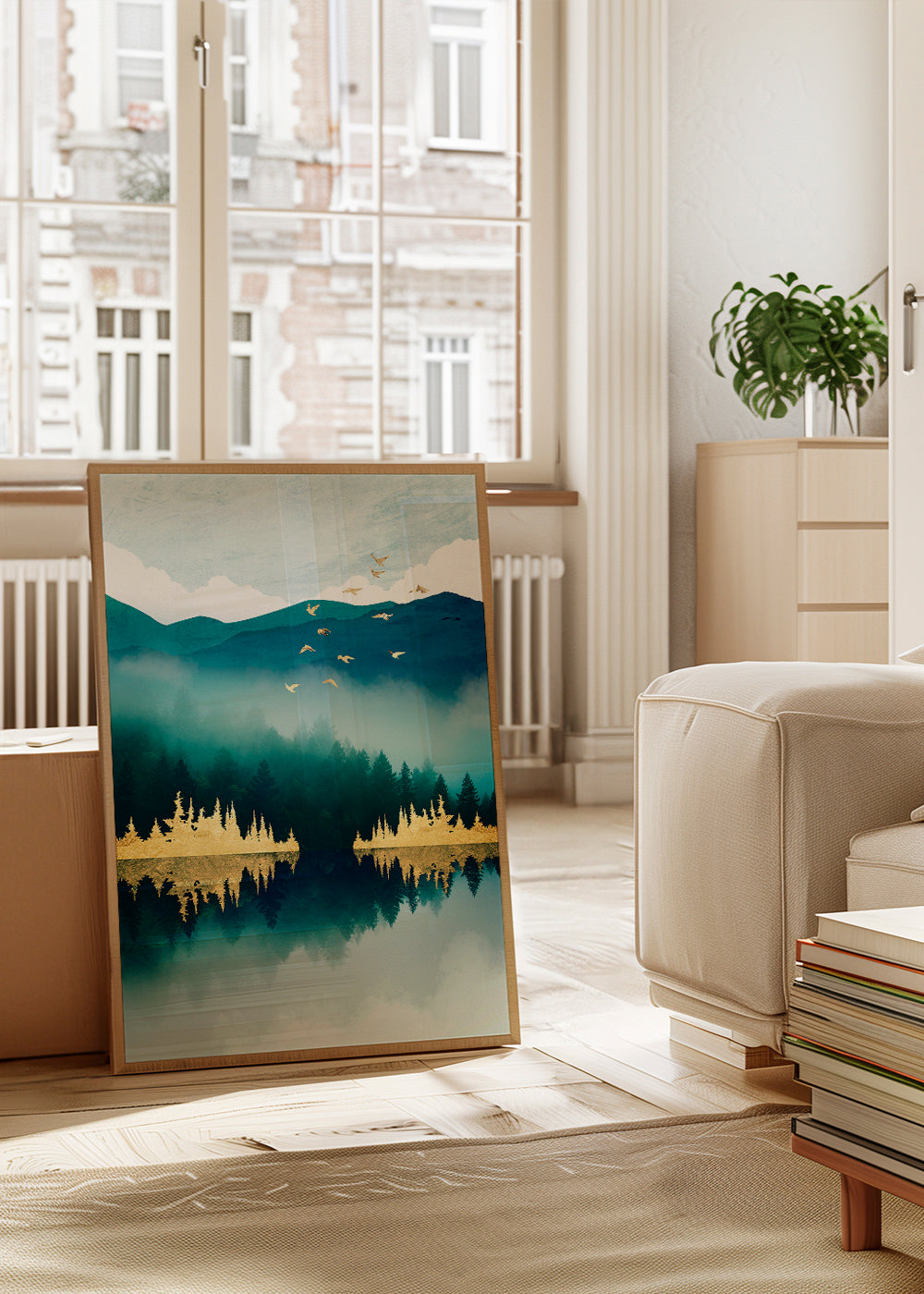 Landschapsschilderij met reflectie en gouden accenten