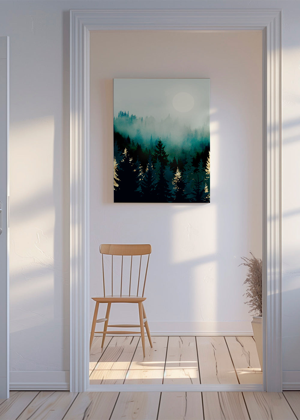 Landschap kunst: mistig bos met maan