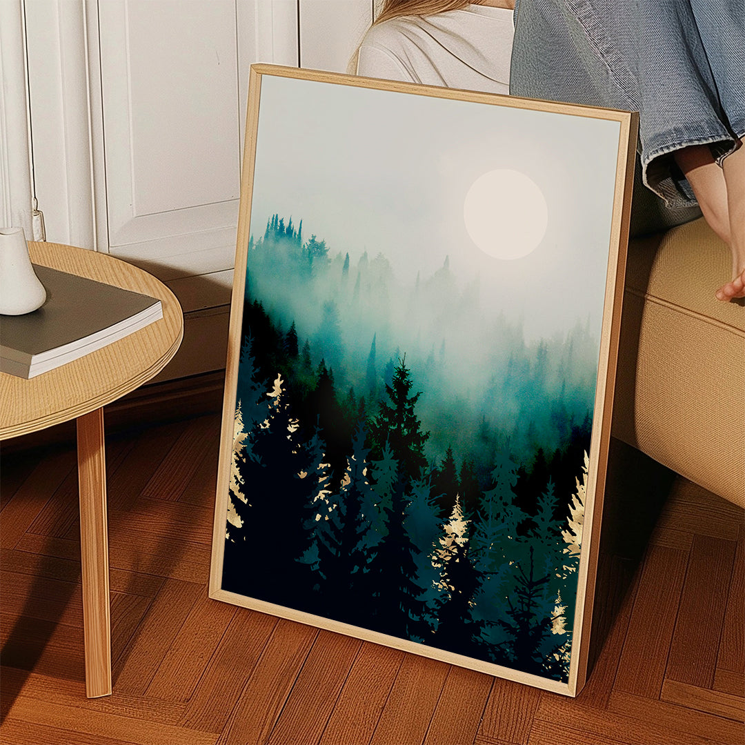 Landschap kunst: mistig bos met maan