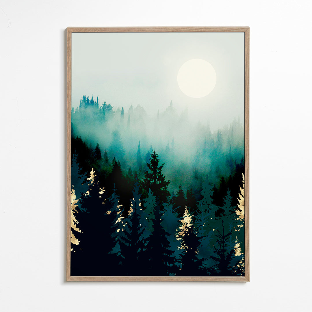 Landschap kunst: mistig bos met maan