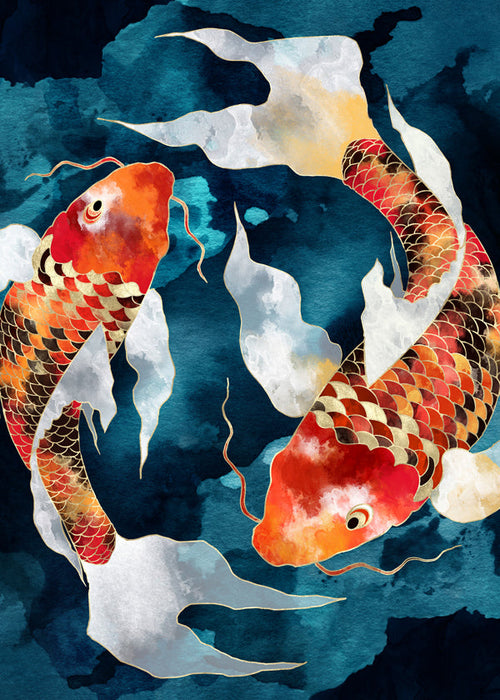 Kunstwerk Koi oranje op blauw