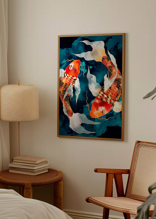 Kunstwerk Koi oranje op blauw