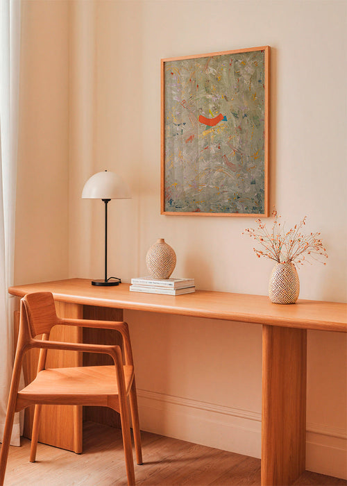 Abstract kunstwerk met gebaarstreek en oranje vlek