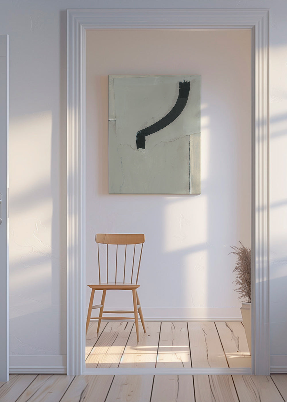 Abstract schilderij met gebogen zwarte streep