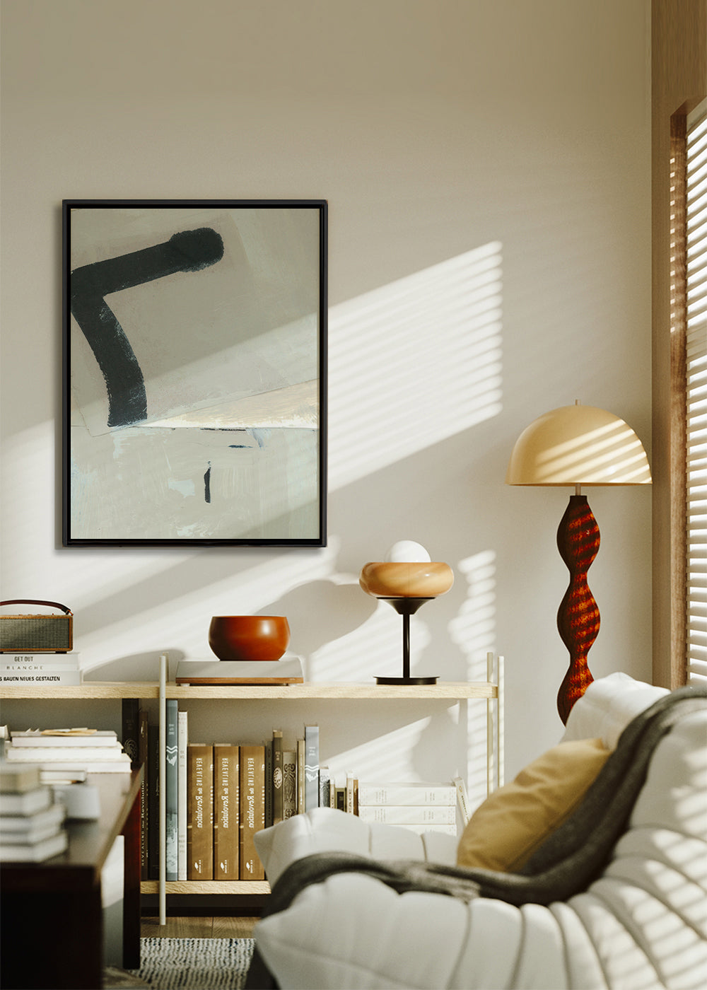 Abstract werk met zwarte streek op beige