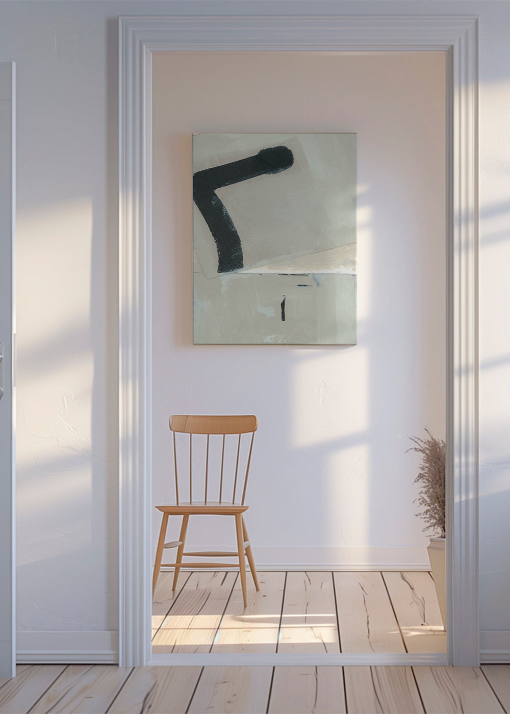 Abstract werk met zwarte streek op beige