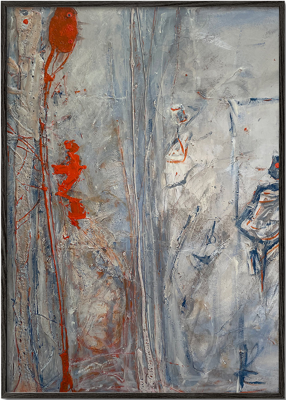 Abstract kunstwerk verticaal met grijze texturen en rode accenten
