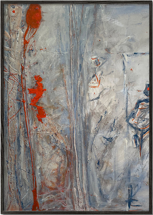 Abstract kunstwerk verticaal met grijze texturen en rode accenten