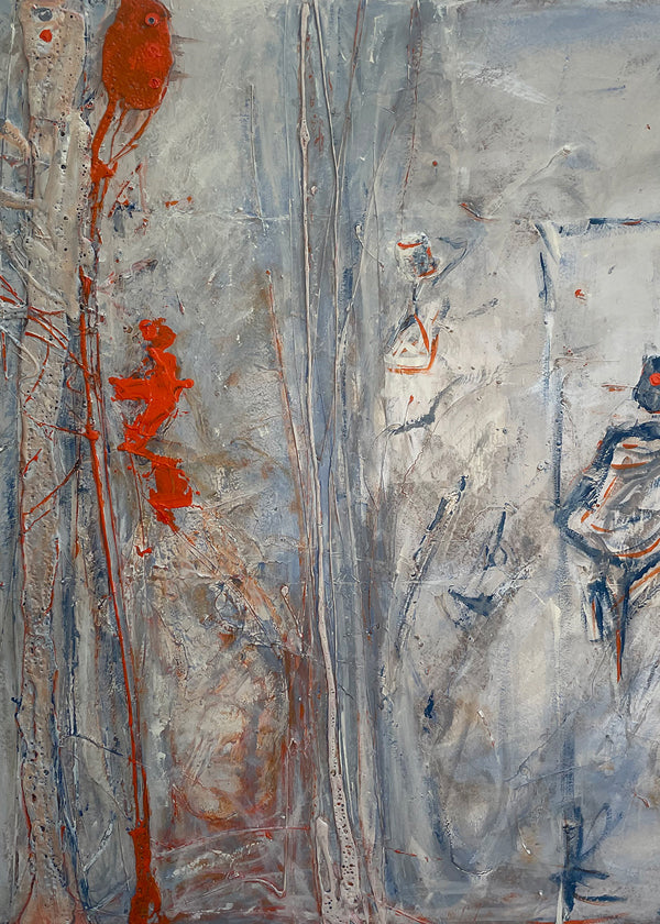 Abstract kunstwerk verticaal met grijze texturen en rode accenten