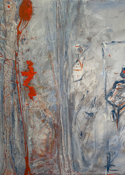 Abstract kunstwerk verticaal met grijze texturen en rode accenten