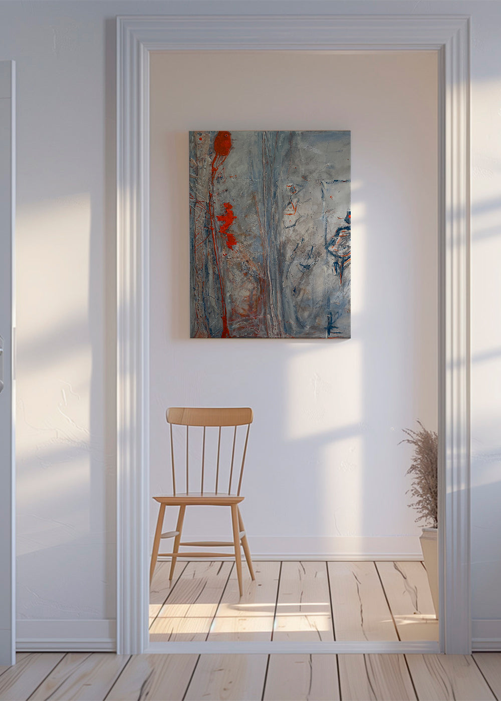 Abstract kunstwerk verticaal met grijze texturen en rode accenten
