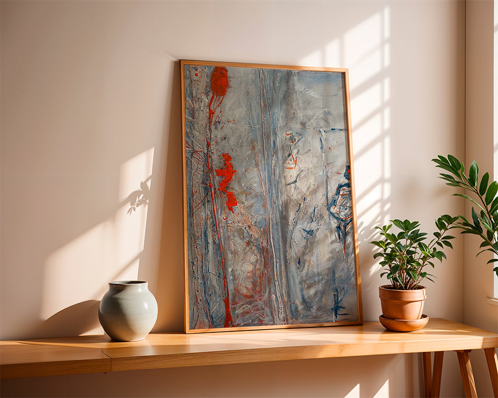 Abstract kunstwerk verticaal met grijze texturen en rode accenten