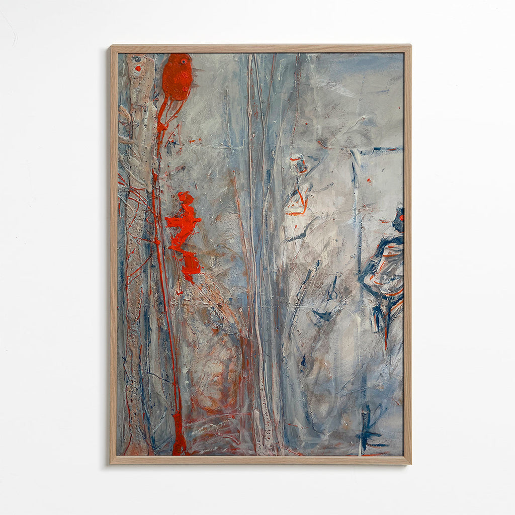 Abstract kunstwerk verticaal met grijze texturen en rode accenten