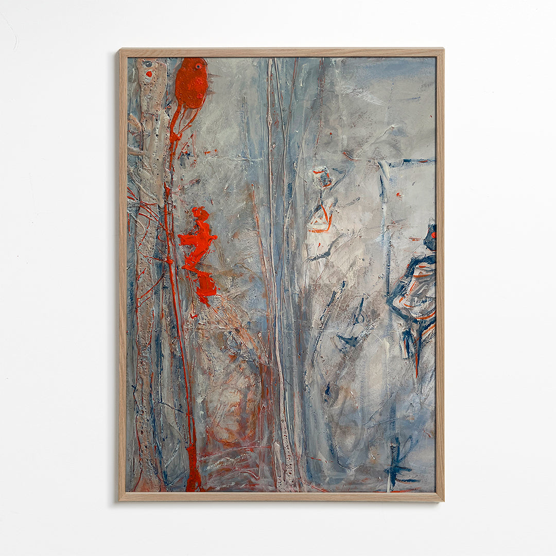 Abstract kunstwerk verticaal met grijze texturen en rode accenten