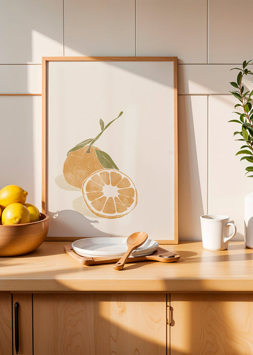 Keuken kunst met minimalistische sinaasappelillustratie