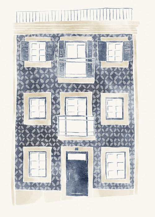 Illustratie van blauwe gevel met balkons