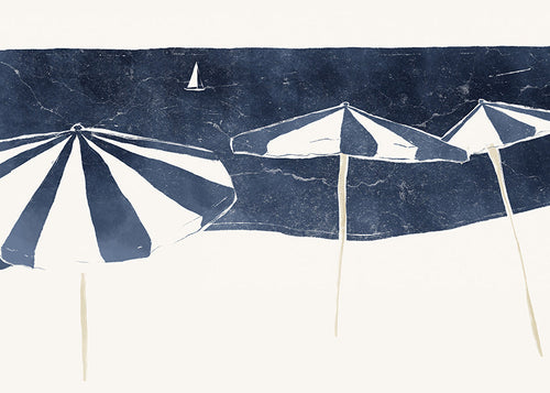 Landschap kunst met minimalistische strandparasols