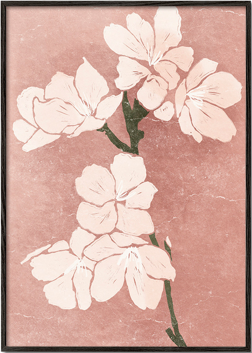 Botanische print roze bloemen met vintage textuur – Black Frame