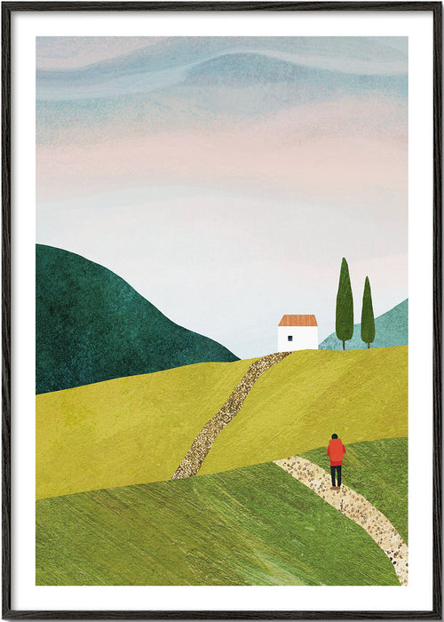 Landschap kunst met pad naar klein huis