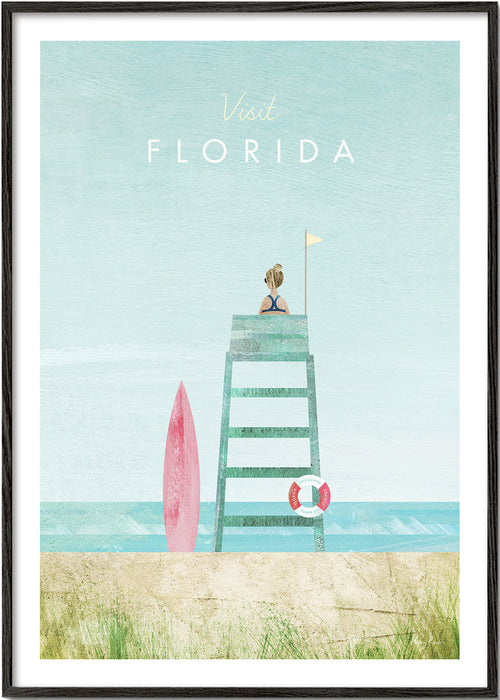 Illustratie Florida strand met uitkijkpost en surfplank