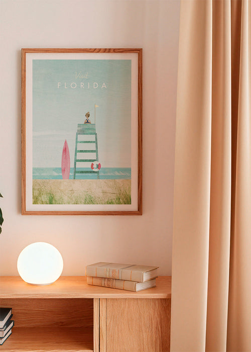 Illustratie Florida strand met uitkijkpost en surfplank