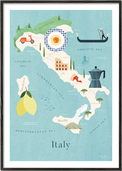 Reisposter: geïllustreerde kaart van Italië met culinaire iconen
