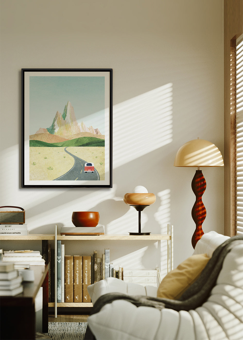 Landschap kunst: kronkelende weg en pastelkleurige berg