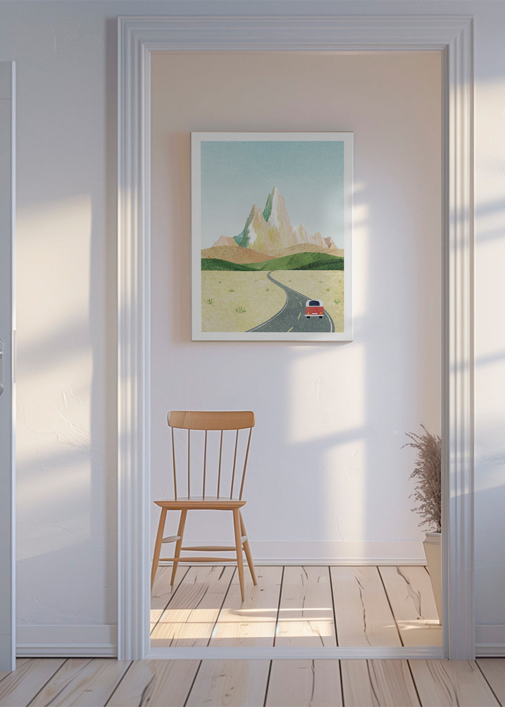 Landschap kunst: kronkelende weg en pastelkleurige berg