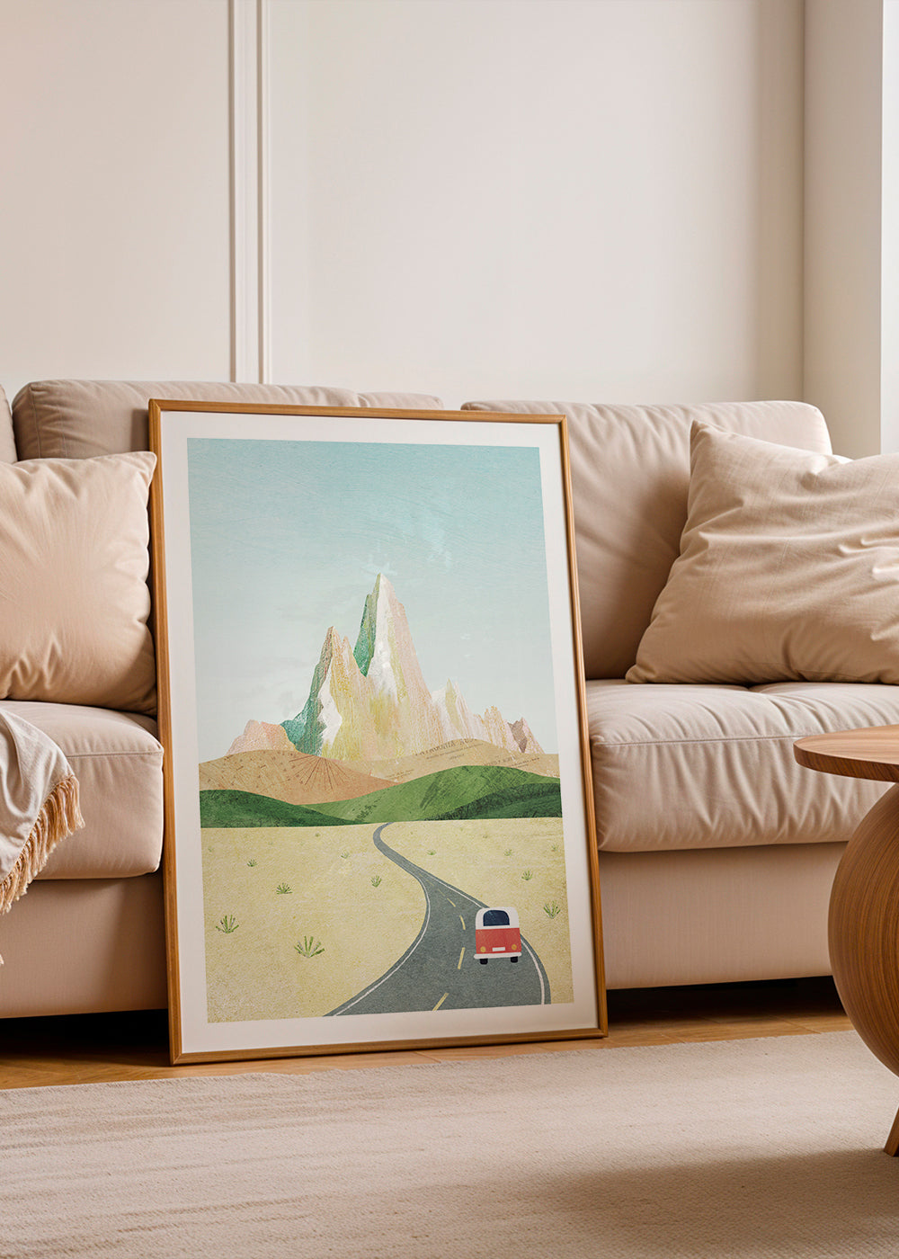 Landschap kunst: kronkelende weg en pastelkleurige berg