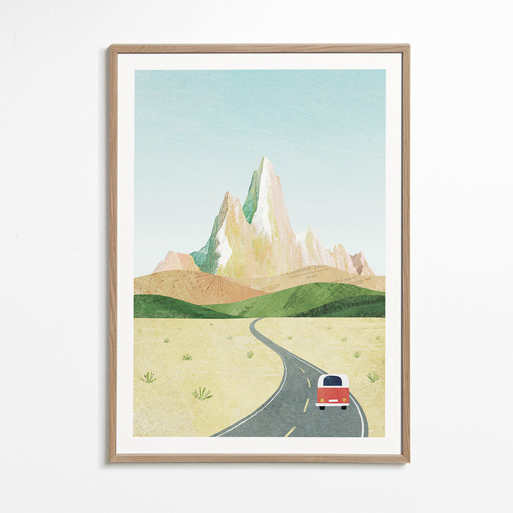 Landschap kunst: kronkelende weg en pastelkleurige berg