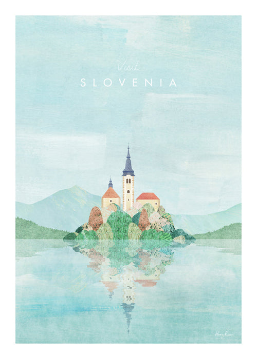Stedenposter Slovenië: eilandkerk met reflectie