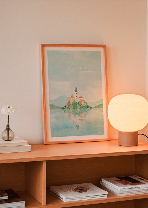 Stedenposter Slovenië: eilandkerk met reflectie