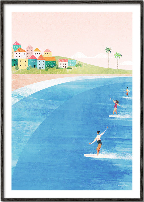 Sportkunst met surfers op een pastelkleurig strand