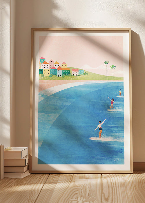Sportkunst met surfers op een pastelkleurig strand