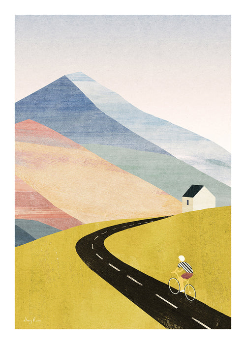 Landschap kunst met fietser op kronkelende bergweg