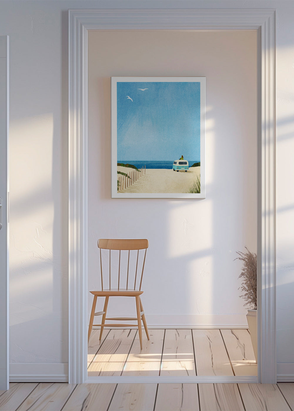 Landschap kunst: strandscène met retrobus