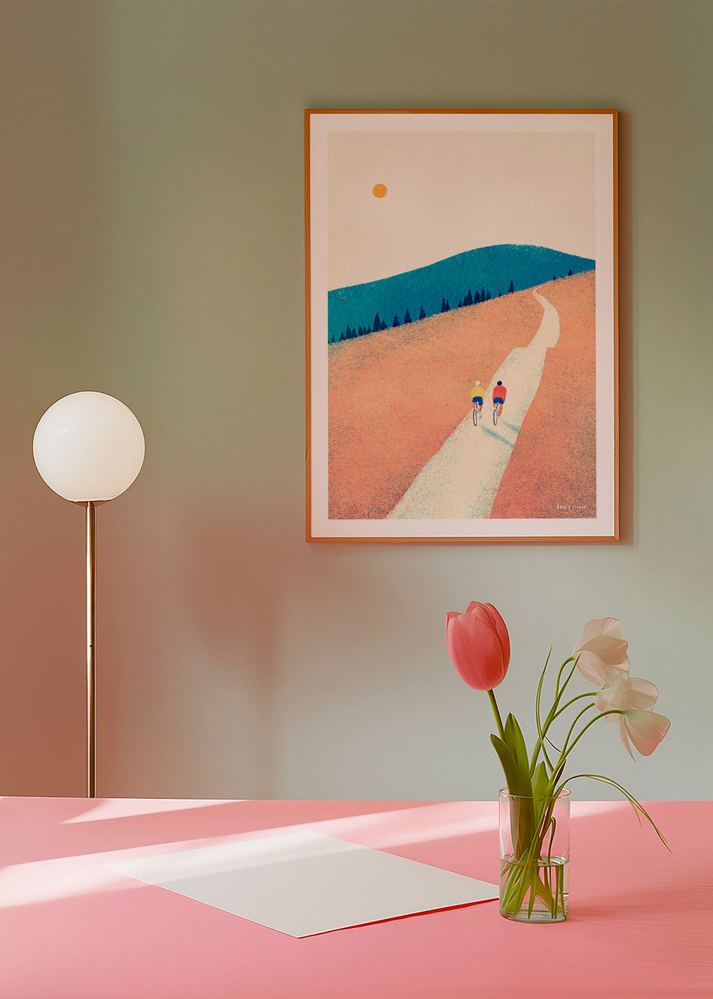 Keuken kunst met twee fietsers op een zonovergoten pad – Product2