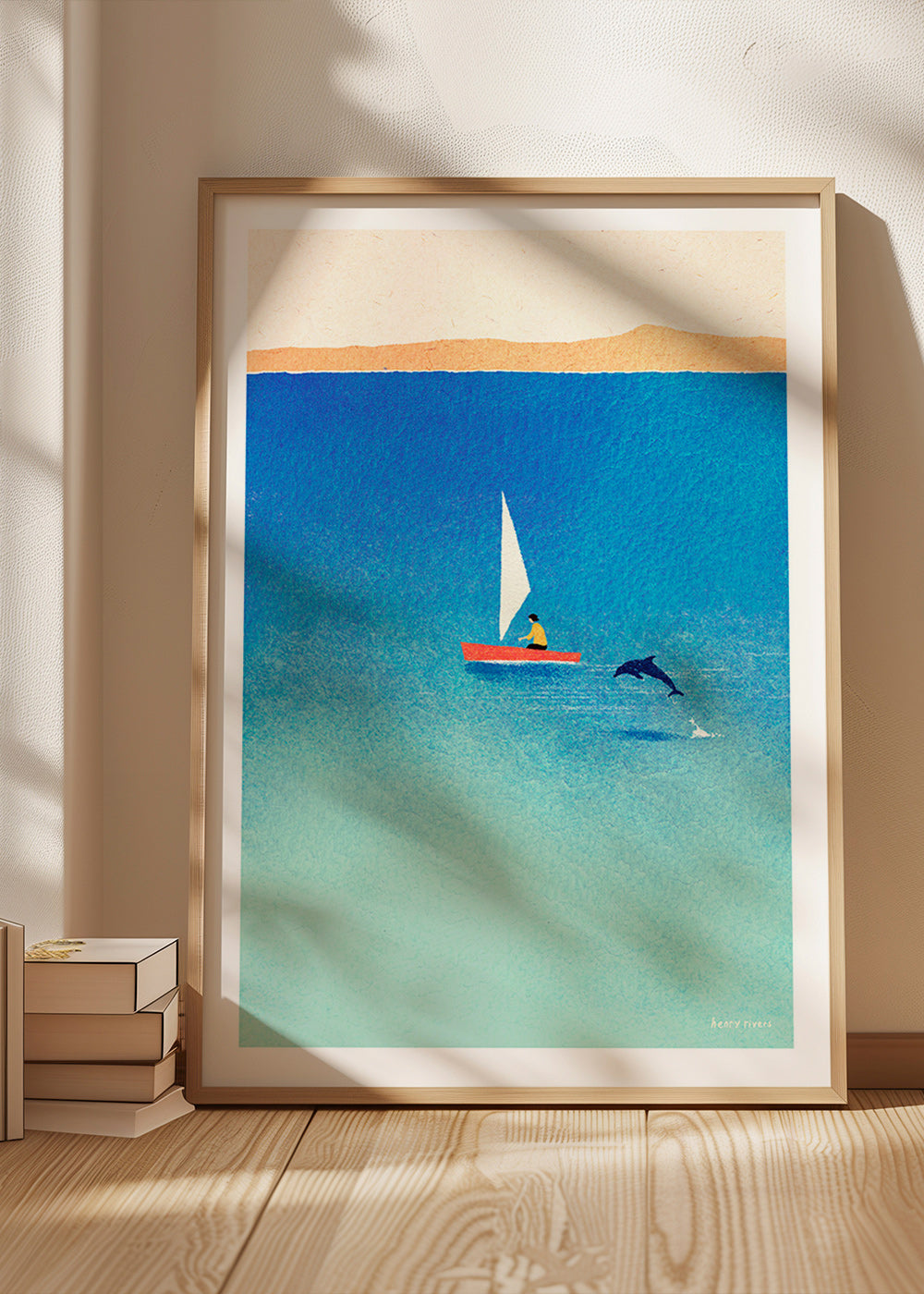 Kunstwerk met dolfijn en zeilboot op blauwe zee – Product1