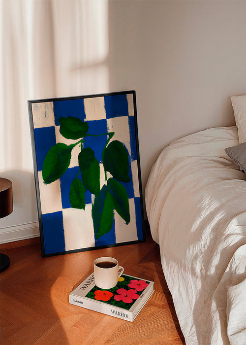 Botanische poster groene bladeren op schaakbord