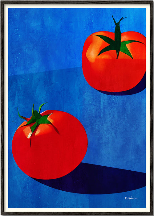 Keuken kunst met tomaten op blauw