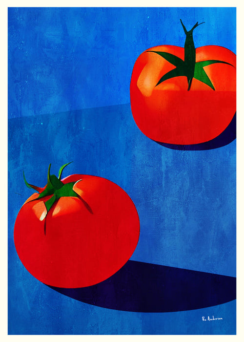 Keuken kunst met tomaten op blauw