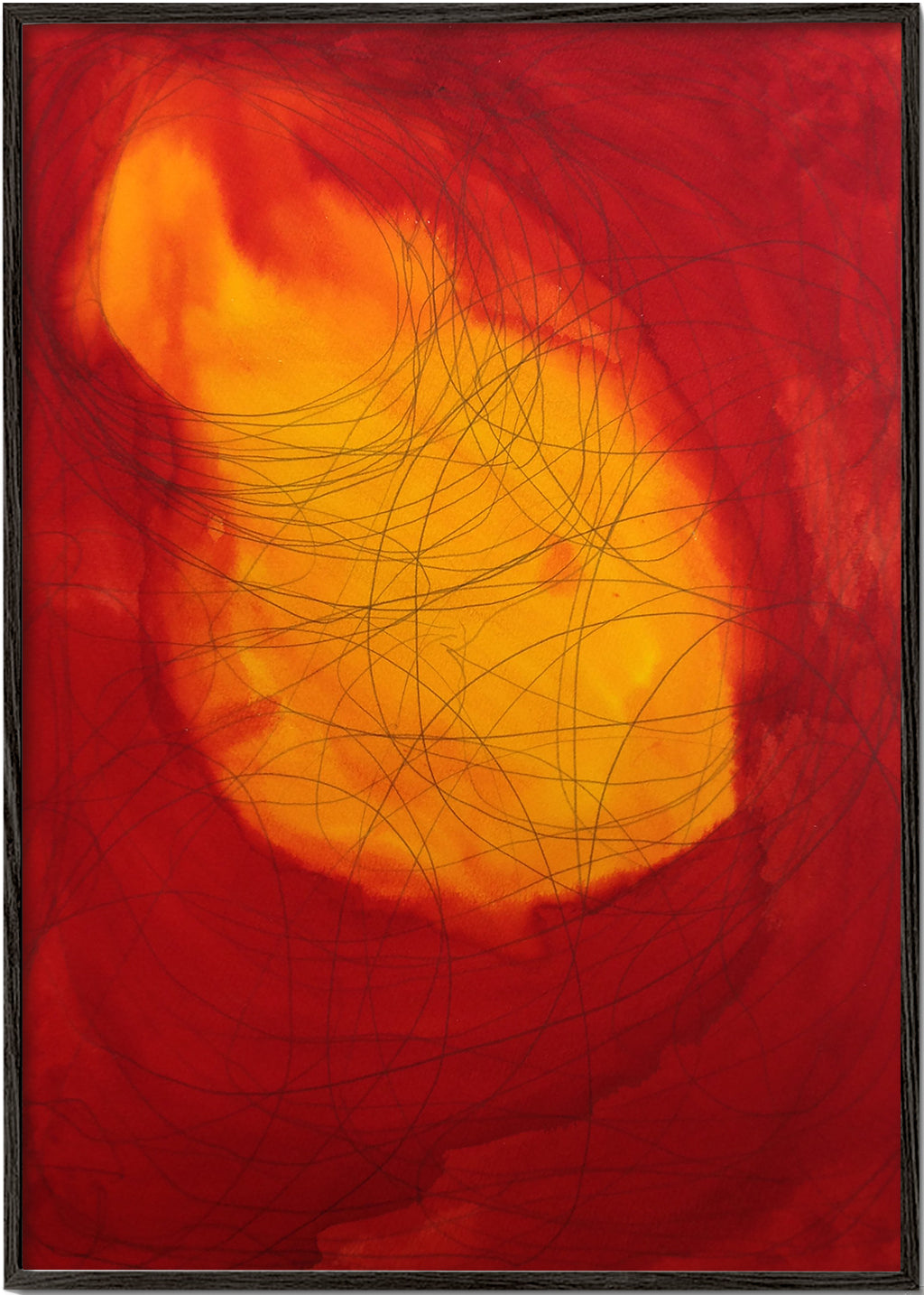 Abstraktes Bild in Rot und Gelb – Black Frame