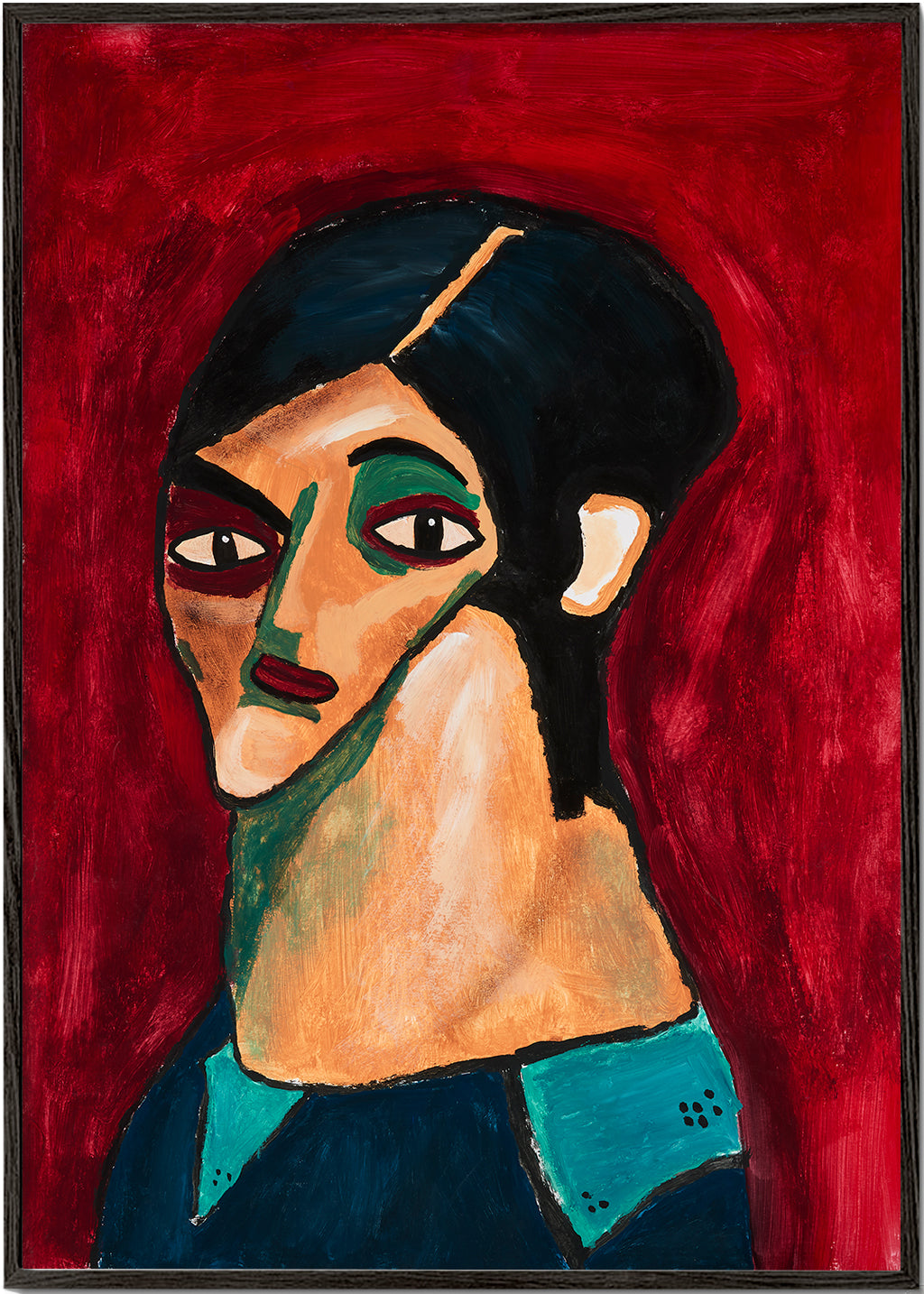 Abstracte kunst: gestileerd portret op dieprood
