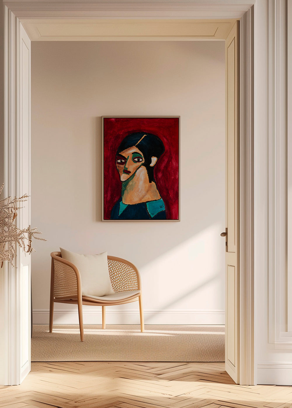 Abstracte kunst: gestileerd portret op dieprood