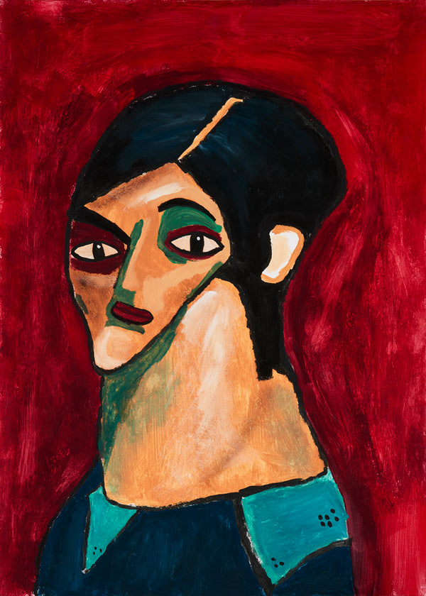 Abstracte kunst: gestileerd portret op dieprood