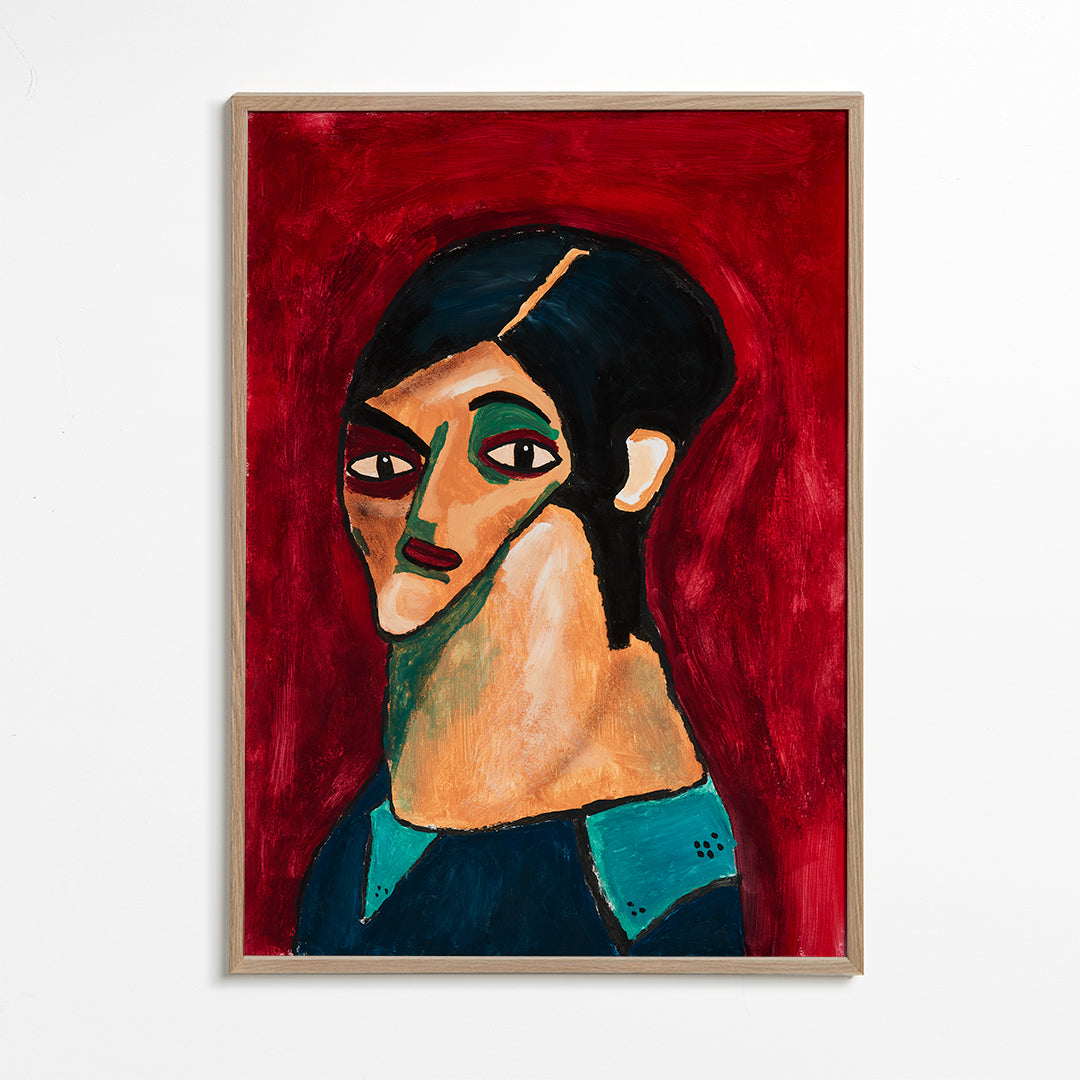 Abstracte kunst: gestileerd portret op dieprood