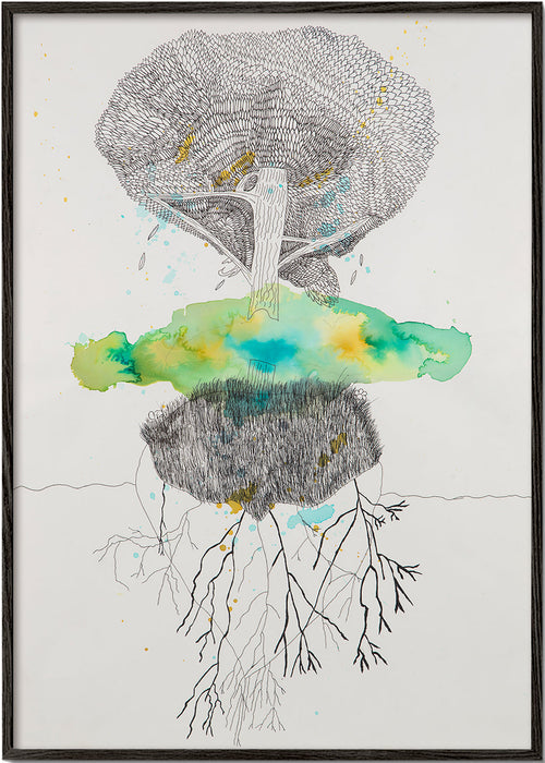 Impression botanique arbre et racines en encre et aquarelle – Black Frame