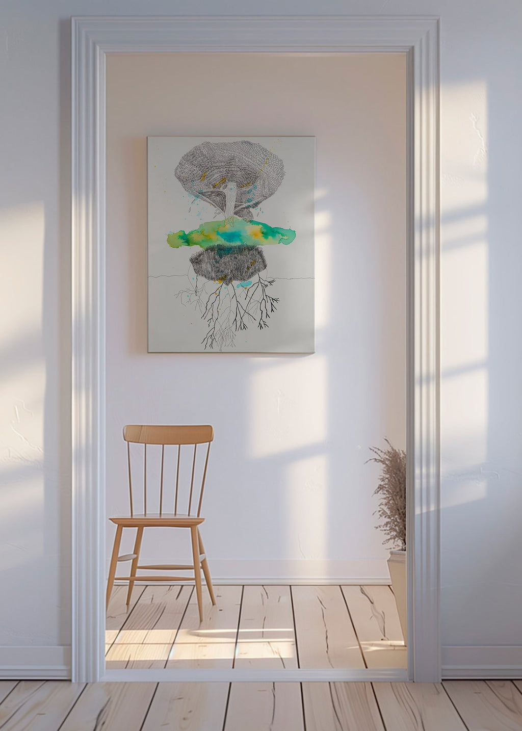 Botanische print boom en wortels in inkt en aquarel – Canvas