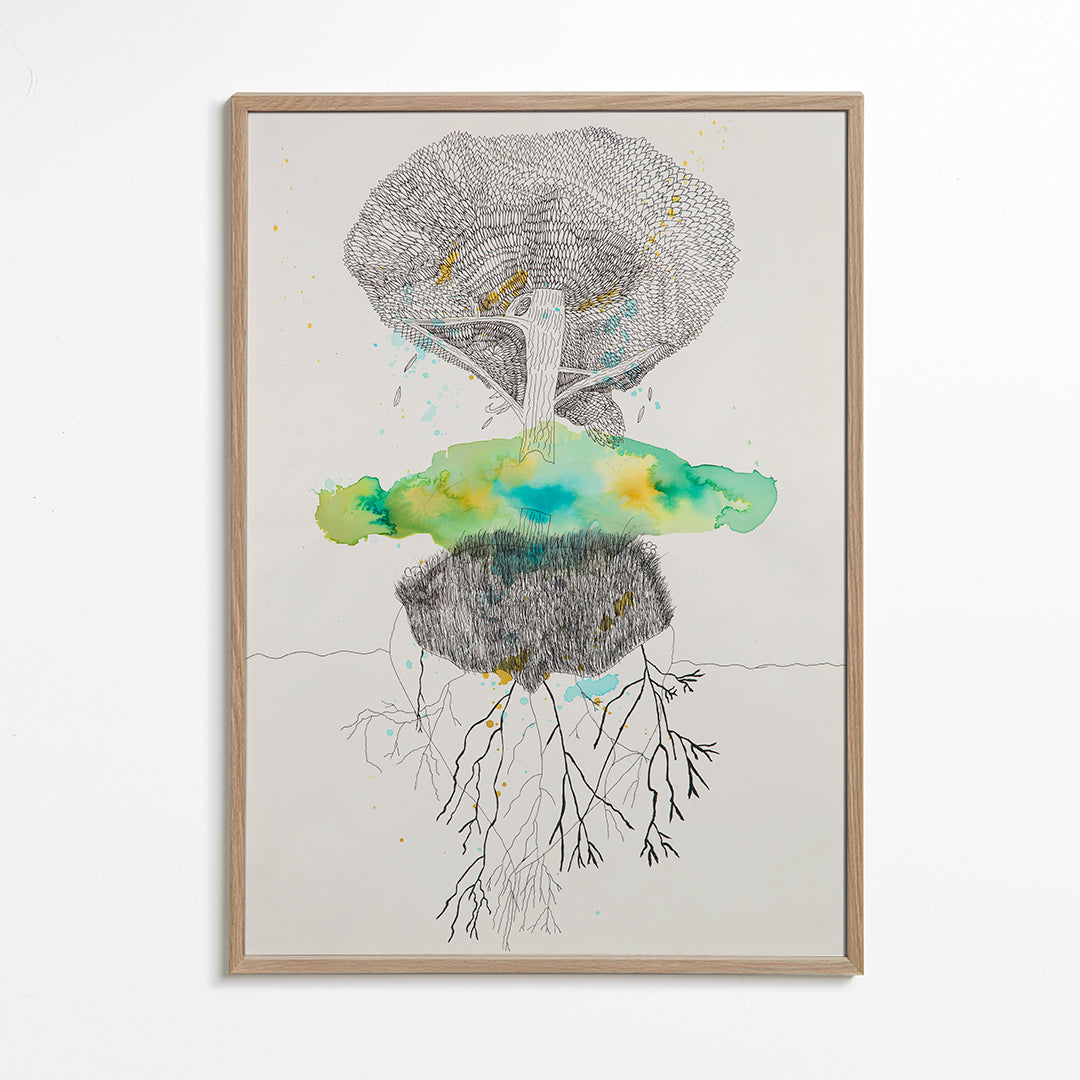 Botanische print boom en wortels in inkt en aquarel – Oak Frame